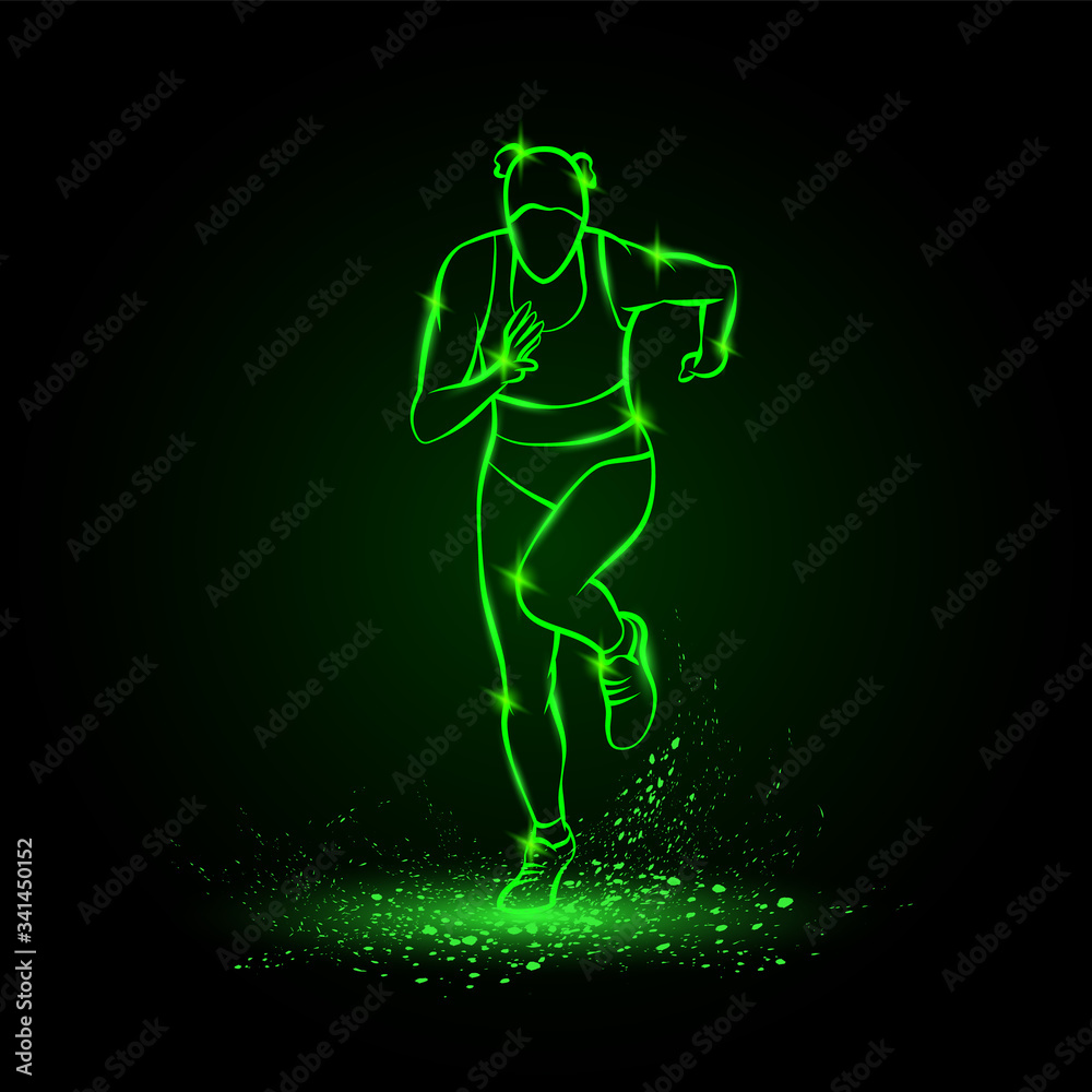 Woman runs, front view. Vector green neon illustration of running girl in the dark.