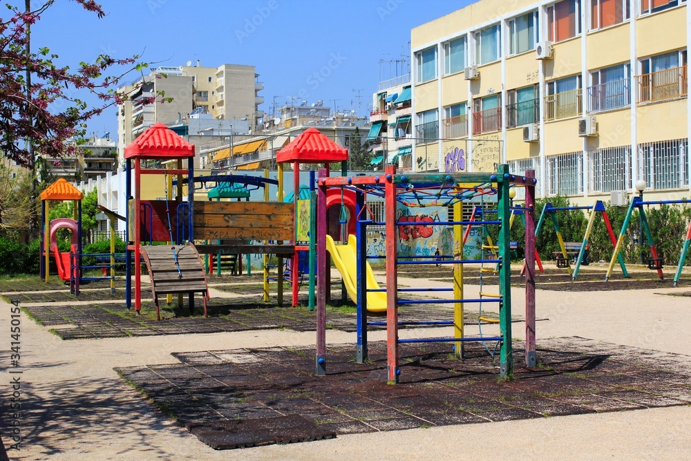 Athens, Greece, April 11 2020 - Empty playground due to Coronavirus quarantine measures. Athens, Greece, April 11 2020 - Empty playground due to Coronavirus quarantine measures.