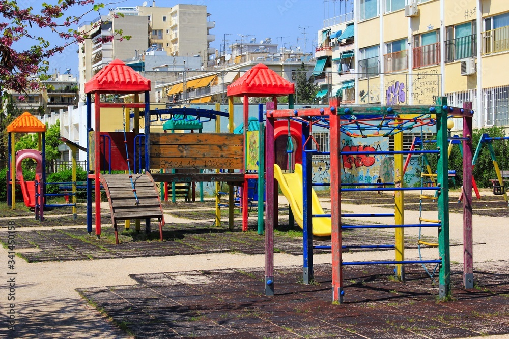 Athens, Greece, April 11 2020 - Empty playground due to Coronavirus quarantine measures. Athens, Greece, April 11 2020 - Empty playground due to Coronavirus quarantine measures.