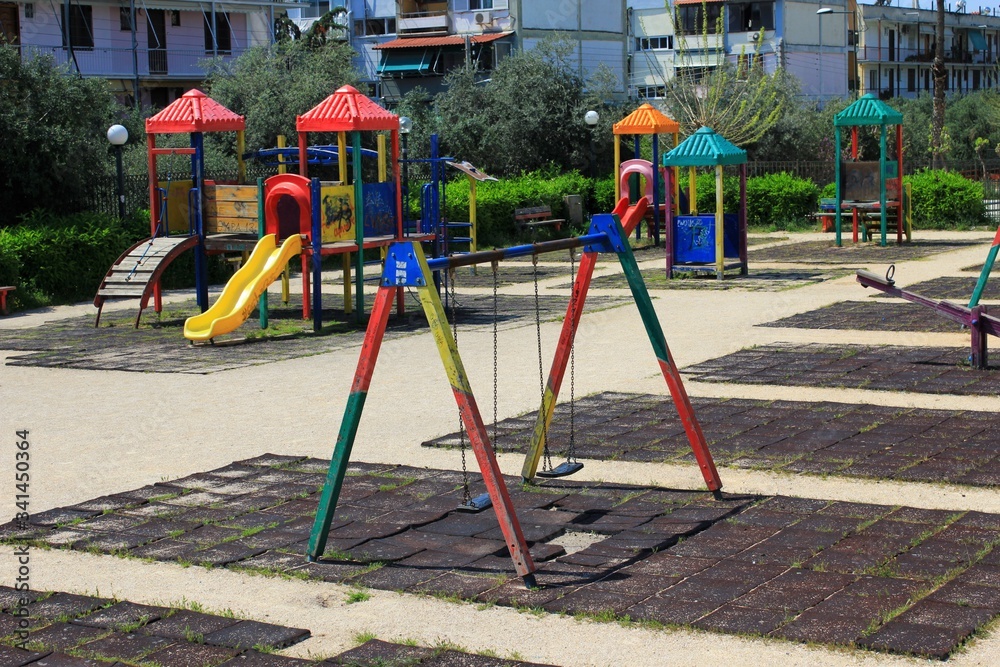 Athens, Greece, April 11 2020 - Empty playground due to Coronavirus quarantine measures. Athens, Greece, April 11 2020 - Empty playground due to Coronavirus quarantine measures.