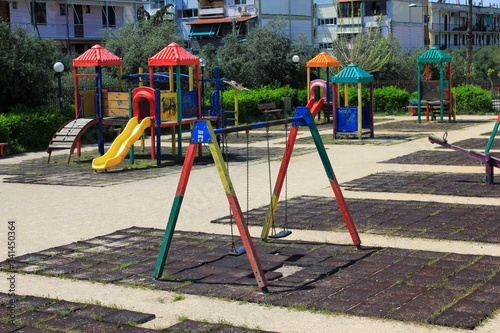 Athens, Greece, April 11 2020 - Empty playground due to Coronavirus quarantine measures. 