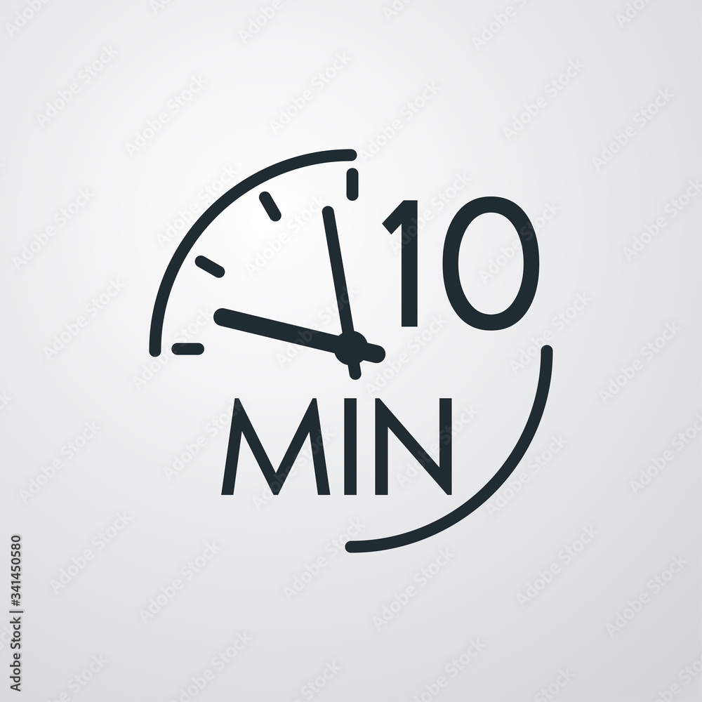 Icono plano lineal reloj con texto 10 min en fondo gris Icono plano lineal reloj con texto 10 min en fondo gris