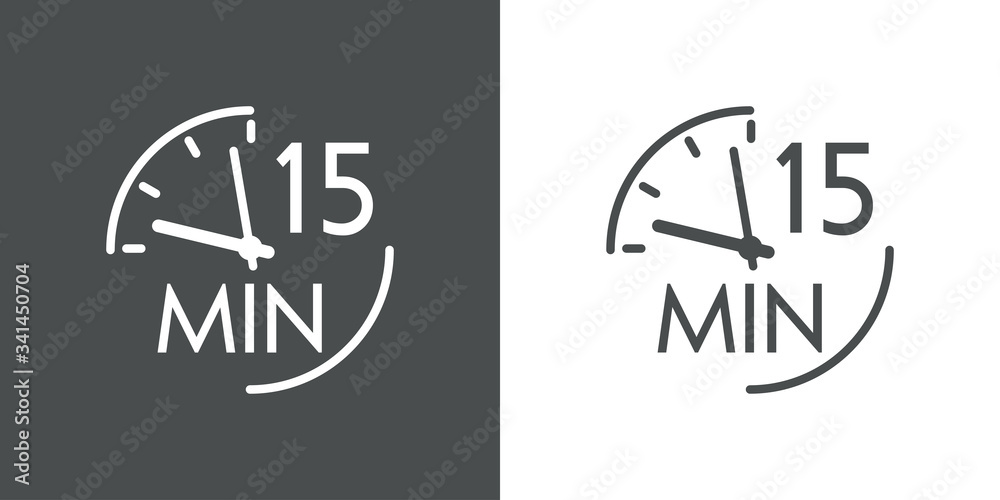 Icono plano lineal reloj con texto 15 min en fondo gris y fondo blanco