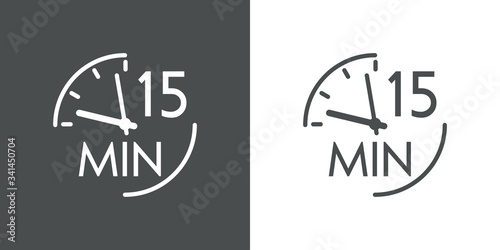 Icono plano lineal reloj con texto 15 min en fondo gris y fondo blanco