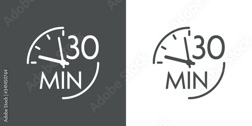 Icono plano lineal reloj con texto 30 min en fondo gris y fondo blanco