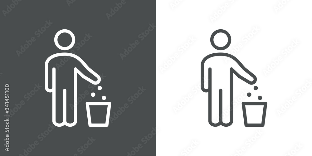 Símbolo tirar la basura. Icono plano lineal hombre de pie con papelera en fondo gris y fondo blanco Símbolo tirar la basura. Icono plano lineal hombre de pie con papelera en fondo gris y fondo blanco