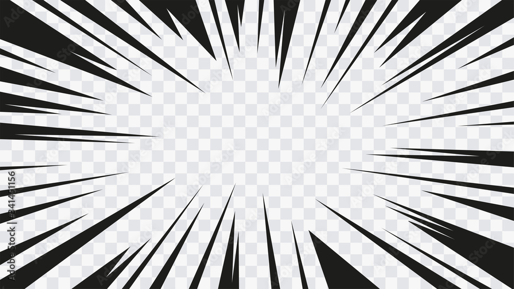 Obraz premium Abstract comic book flash explosion radial lines on transparent background. Vector illustration superhero design. Bright black light strip burst. Flash ray blast glow. Speed lines Manga frame. Anime