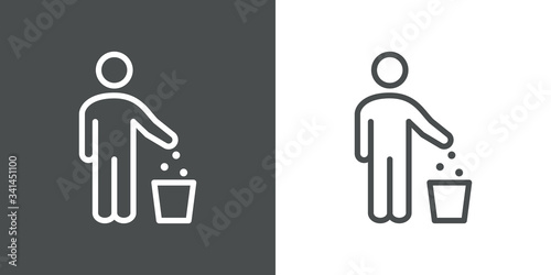 Símbolo tirar la basura. Icono plano lineal hombre de pie con papelera en fondo gris y fondo blanco