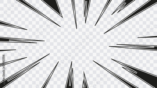 Abstract comic book flash explosion radial lines on transparent background. Vector illustration superhero design. Bright black light strip burst. Flash ray blast glow. Speed lines Manga frame. Anime