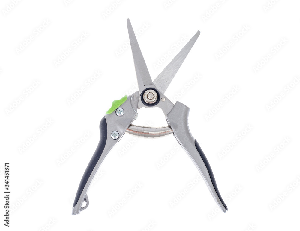 Scissors, pruner for pruning branches, stems. Garden and flower care tools isolated on white background Scissors, pruner for pruning branches, stems. Garden and flower care tools isolated on white background