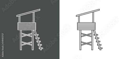 Icono plano lineal torre de vigilancia de playa en fondo gris y fondo blanco