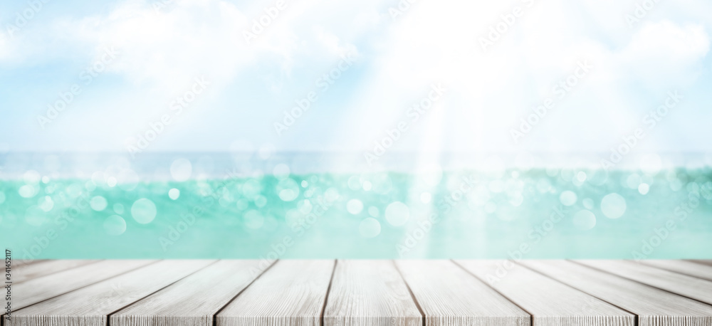 Summer sea with empty table and sunny sky Summer sea with empty table and sunny sky