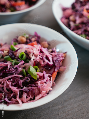 Home made vegan Red Cabbage, Chickpea Slaw with Sauerkraut, carrots and bell pepper.