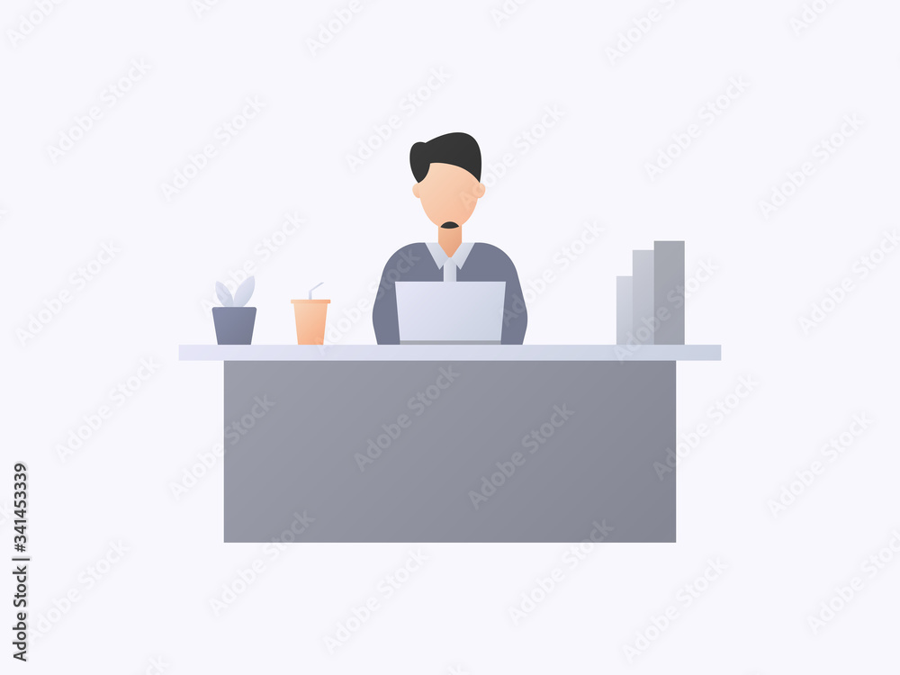 Man is working at home, employee situation when working. Business and management illustration design. Design for backdrop, presentation, banner, wallpaper etc. Man is working at home, employee situation when working. Business and management illustration design. Design for backdrop, presentation, banner, wallpaper etc.
