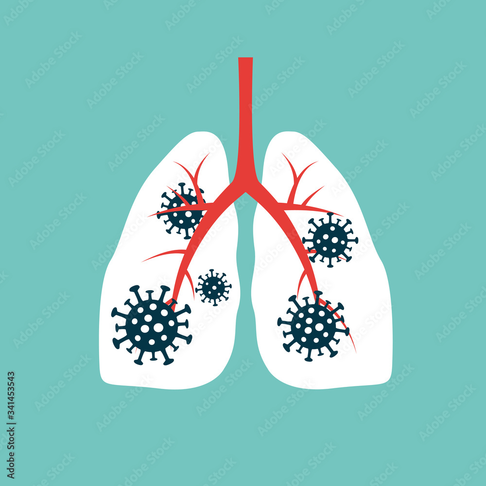 Virus cells eating lung. Virus cells biting lung. Damaged lung. Virus cell with scary and evil face. Coronavirus eating lung concept. COVID-19. 2019-nCoV.