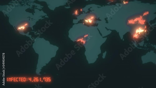 Pandemic of the coronavirus COVID-19 is spreading from wuhan in china over dark mainlands with orange colored dots of infected cities and statistics. 3d rendering animated world map background in 4K. photo