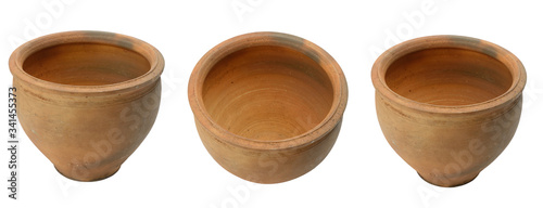 Collection large clay pots with different angles isolated on white