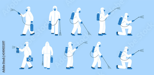 Set of isolated vector illustrations in flat style. No germs. Man, specialist, doctor in white hazmat suit, mask. Disinfection in public places. Decontamination as a prevention against virus spread