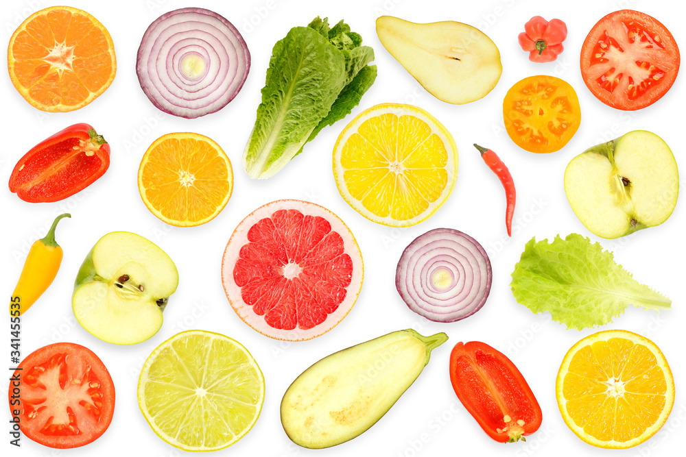 Naklejka Top view of pattern fresh cut vegetables and fruits isolated on white
