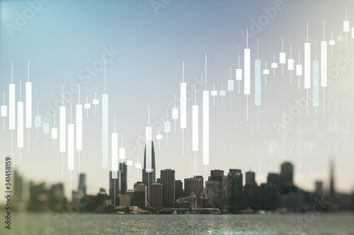 Multi exposure of virtual abstract financial diagram on San Francisco office buildings background  banking and accounting concept