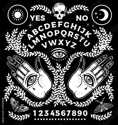 Ouija Board With Hands. Occultism Set. Vector Illustration.