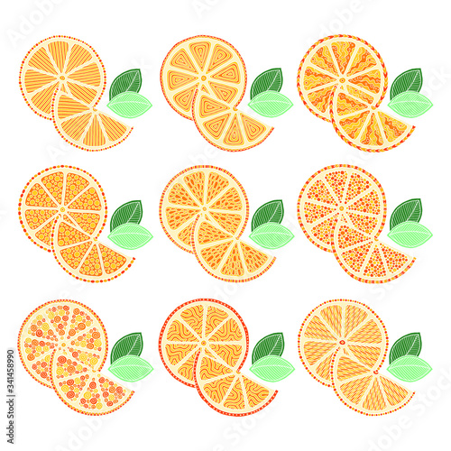 Set with hand drawn colorful doodle oranges.