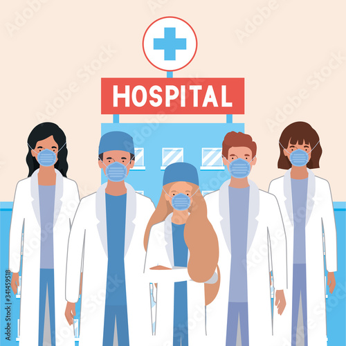 Men and women doctors with masks against 2019 ncov virus vector design