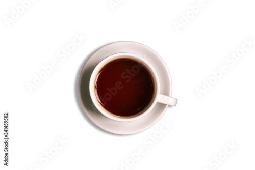 White cup and saucer isolated on a white background. Hot tea drink. Black tea.