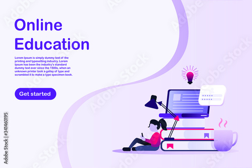 Online education banner. Home study concept. The woman sitting with a tablet. A cup of coffee and books with laptop and light bulb. Banner with text for website, brochure, or an online advertisement.