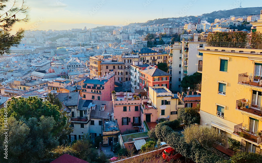 Genoa aerial panoramic view. Genoa or Genova is the capital of Liguria region in Italy.