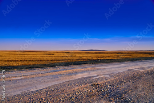 Panoramic view  beautiful spring landscape  spring huge great steppe wakes up from winter sleep - snow and ice just melted  sunset  Kazakhstan