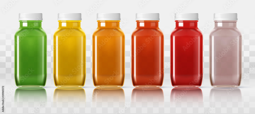 A set of olive, yellow, orange, red, raspberry, pink glass bottles for any liquid products, jams, preserves, oil, syrups, home canning. Blank for your design. Items isolated on background with