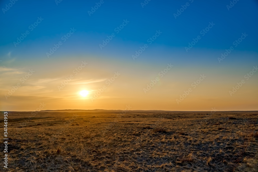 Fototapeta premium Panoramic view: beautiful spring landscape: spring huge great steppe wakes up from winter sleep - snow and ice just melted, sunset, Kazakhstan