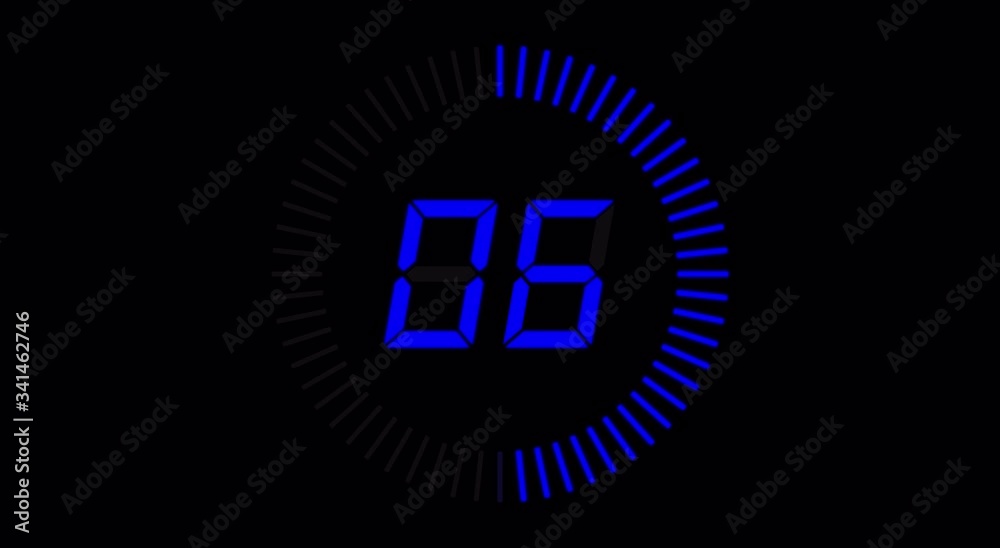 Digital countdown clock, 10 seconds with numbers and circle marking time, 30fps