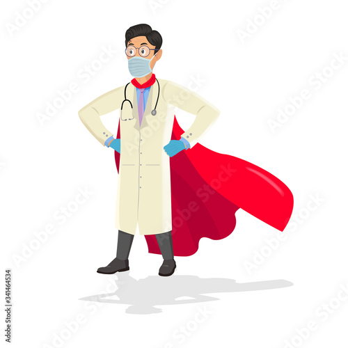 Cartoon doctor with a superhero cape.