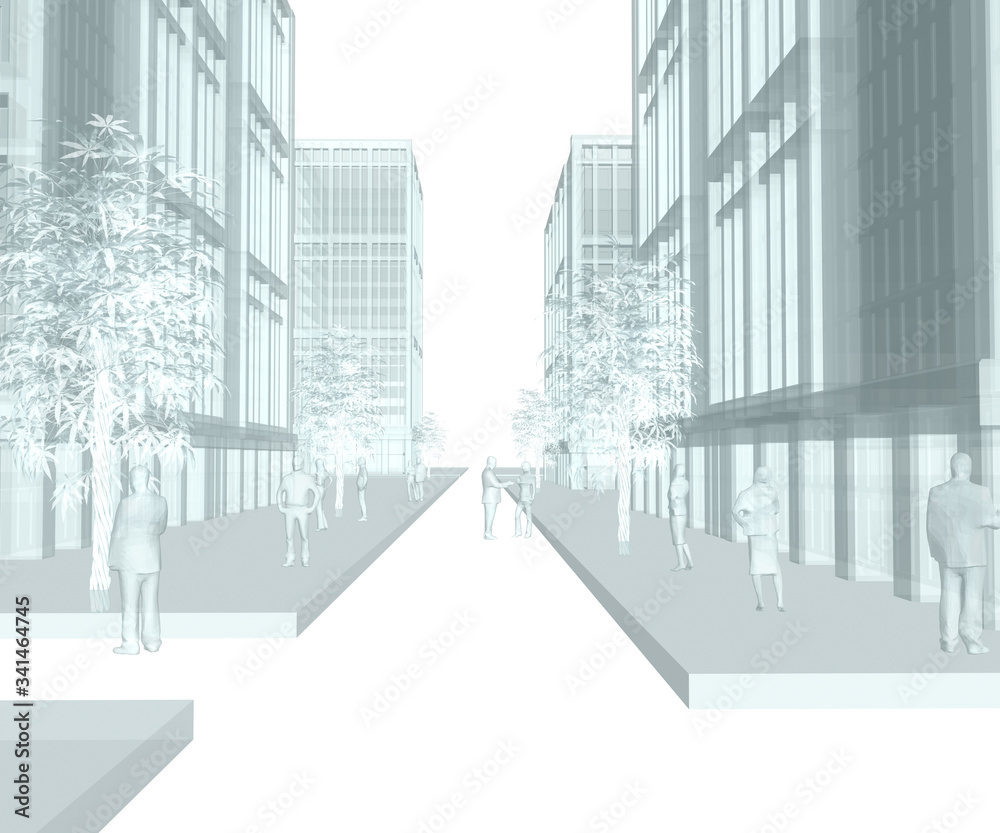 People in the city, wireframe technique, original 3d rendering