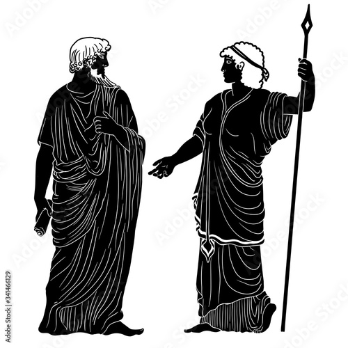 An ancient Greek man with a scroll in his hand is talking to a woman with a staff. Two figures isolated on a white background.