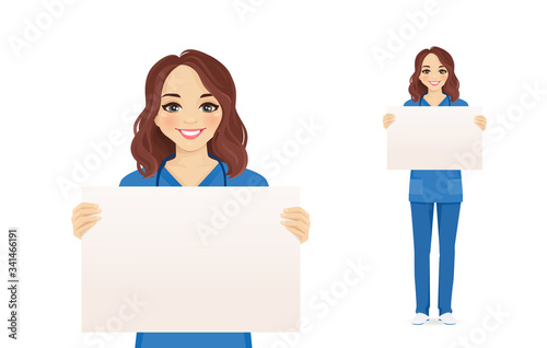 Female nurse character holding empty blank board isolated vector illustration
