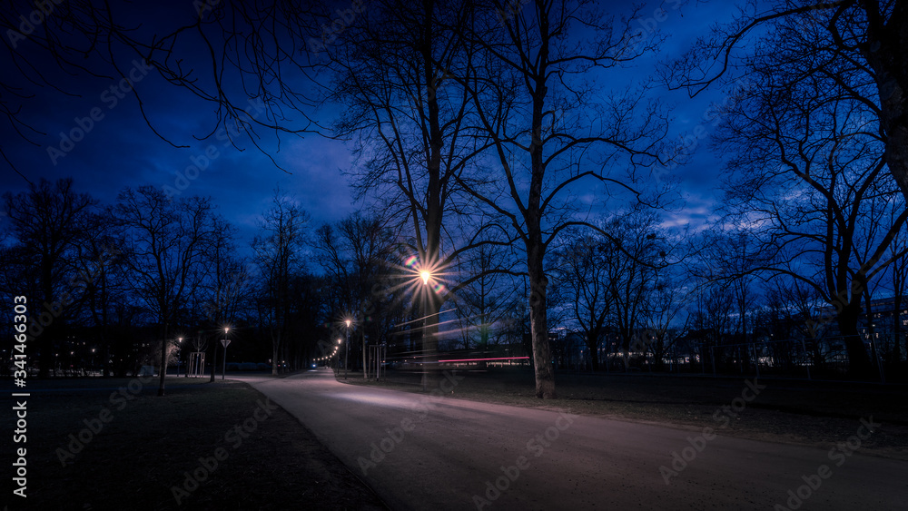 Lichtspuren eines Radfahrers in einem Park in Graz