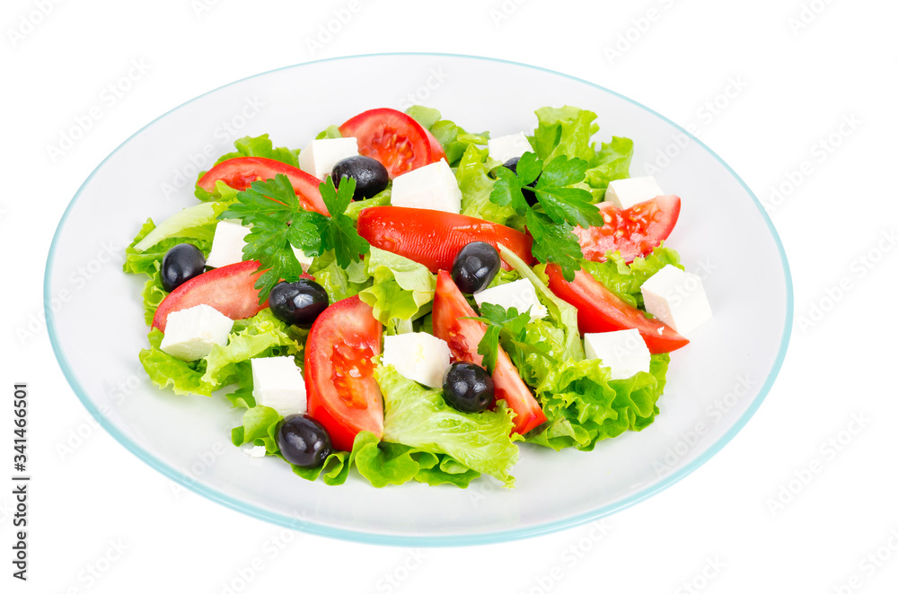Healthy lifestyle. Vegetable diet salad with olives and goat cheese on white background.