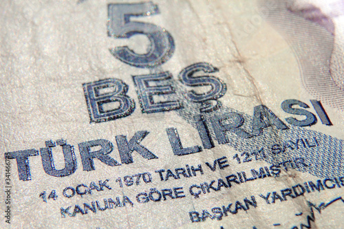 Turkish banknote. Five TL Turkish liras macro photography.