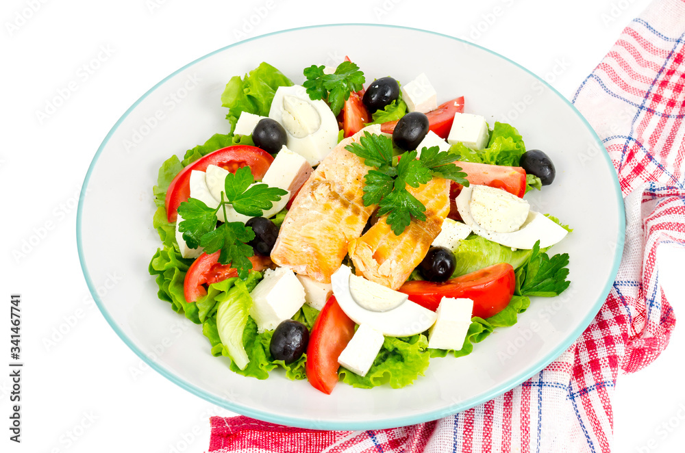 Lettuce, egg, fish, juice. Healthy eating. Photo Lettuce, egg, fish, juice. Healthy eating. Photo