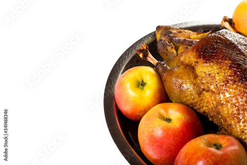 Baked duck with copy space. Duck in owen with apples.