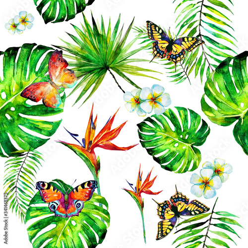 palm leaves pattern, watercolor on a white