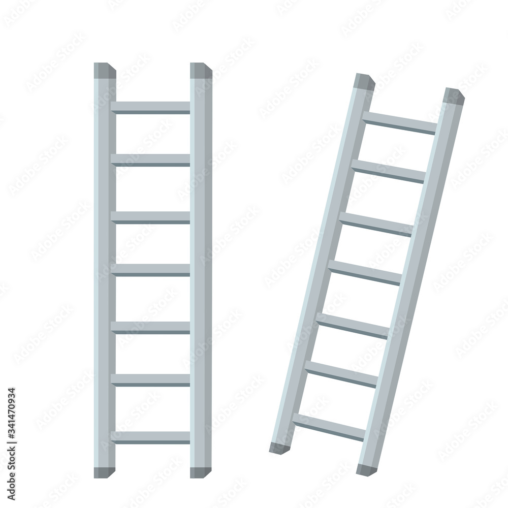 Set of steel grey stairs. Go up to the top level. Straight and inclined objects. Cartoon flat illustration Set of steel grey stairs. Go up to the top level. Straight and inclined objects. Cartoon flat illustration