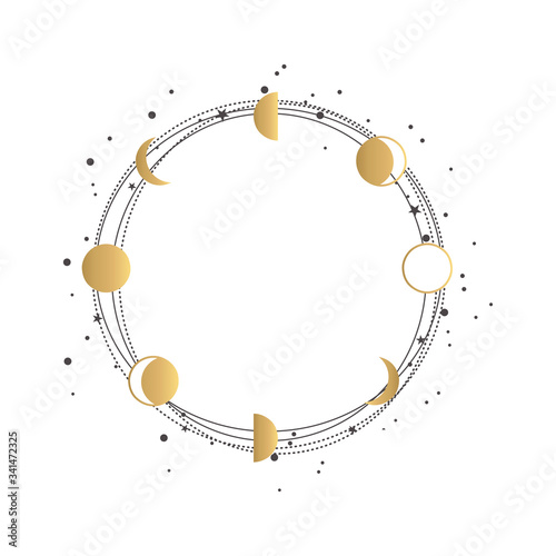 Hand Drawn Gold Logo Frame with moon phases and stars. Abstract Golden Round Frame on white background