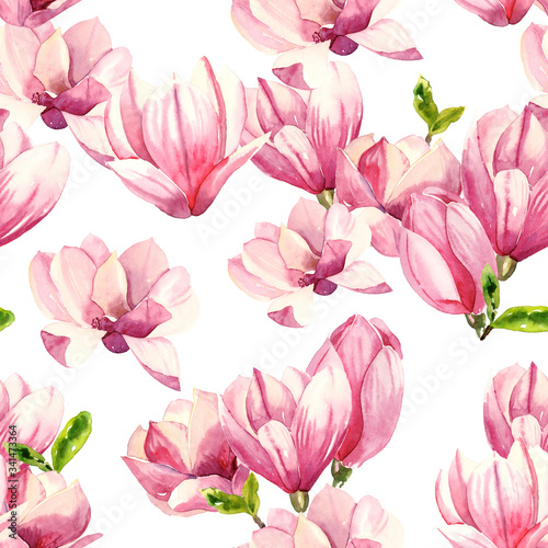 Watercolor hand painted magnolia blossom flowers illustration seamless pattern - wrapping paper  fabrics design  wallpaper