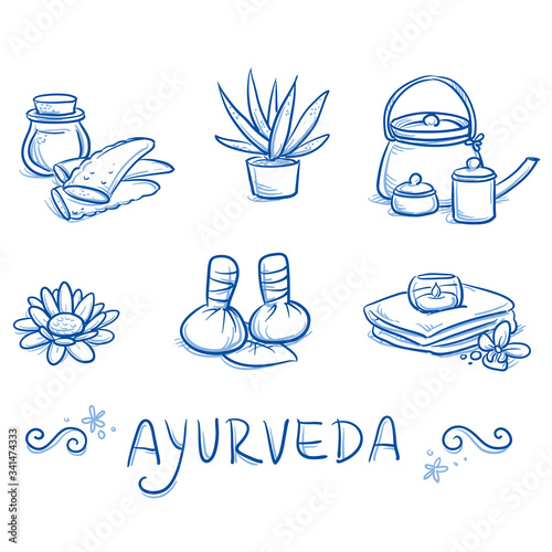 Set of ayurveda symbols and aloe vera and lotus plants. Hand drawn line art cartoon vector illustration.