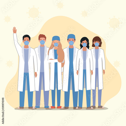 Men and women doctors with masks against 2019 ncov virus vector design