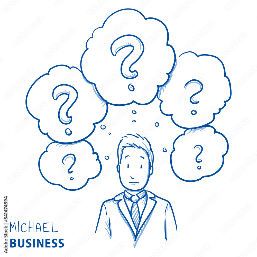 Unhappy modern business man, with lots of question marks in thought bubbles, concept for confusion, irritation, clue less. Hand drawn line art cartoon vector illustration. Unhappy modern business man, with lots of question marks in thought bubbles, concept for confusion, irritation, clue less. Hand drawn line art cartoon vector illustration.